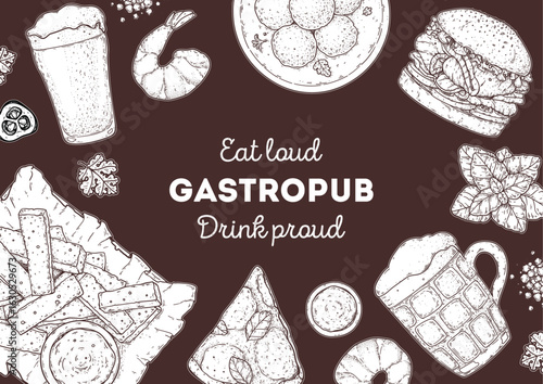 Gastropub menu. Pub food and beer. Hand drawn vector illustration. Food and drink sketch. Top view. Hand drawn food collection for gastropub or pub menu design. Beer, croutons, burger, pizza,snacks