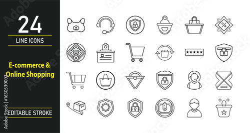 E-commerce and Online Shopping Line Icons Set – Secure Payment, Shopping Cart, Customer Support, Delivery, Retail Symbols
