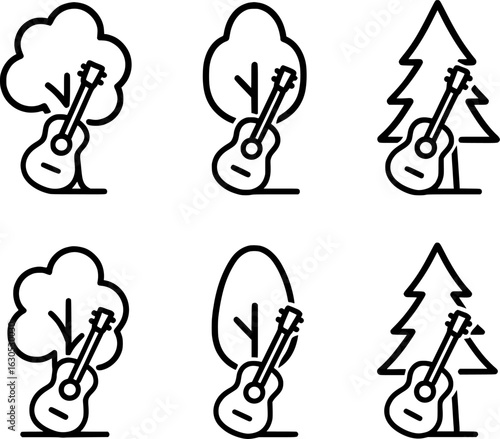 Guitar resting against tree vector icon collection 