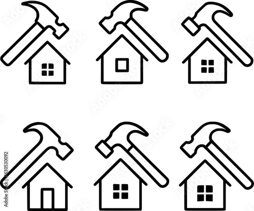 Hammer with house icon set construction repair home maintenance concept vector 