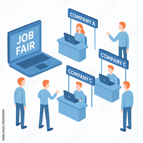 Isometric Illustration Job Fair Recruitment Event with Laptop and Booths