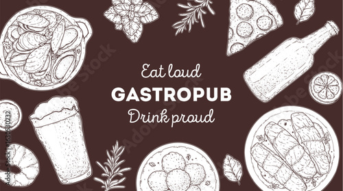Gastropub menu. Pub food and beer. Hand drawn vector illustration. Food and drink sketch. Top view. Hand drawn food collection for gastropub or pub menu design. Beer,