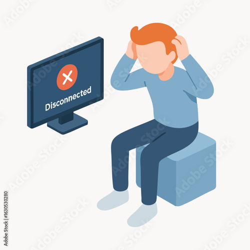 Isometric Unhappy Man Experiencing Computer Disconnection Problem Illustration