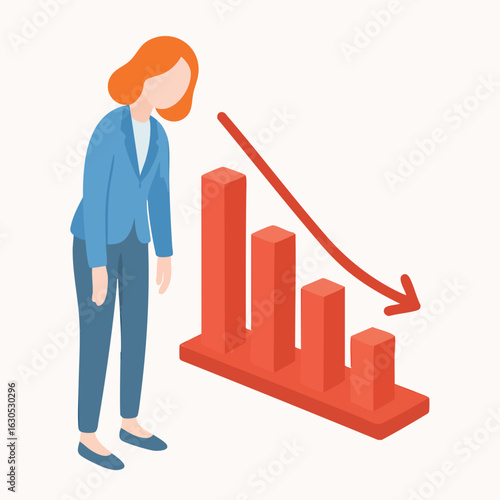 Isometric Depressed Businesswoman with Decreasing Bar Chart Business Illustration
