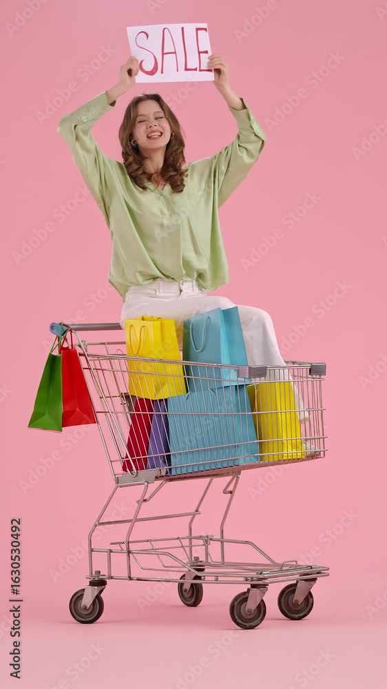 Woman Enjoying Shopping with Bags in Cart on Sale Woman Enjoying Shopping with Bags in Cart on Sale