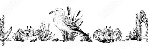 Seamless black and white marine border features detailed vector sketches of a seagull, crabs, anchor, rope, rocks, and coastal grasses. Perfect for nautical themed decorations, invitations.