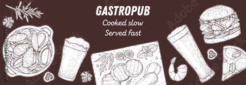 Gastropub menu. Pub food and beer. Hand drawn vector illustration. Food and drink sketch. Top view. Hand drawn food collection for gastropub or pub menu design. Beer and snacks.