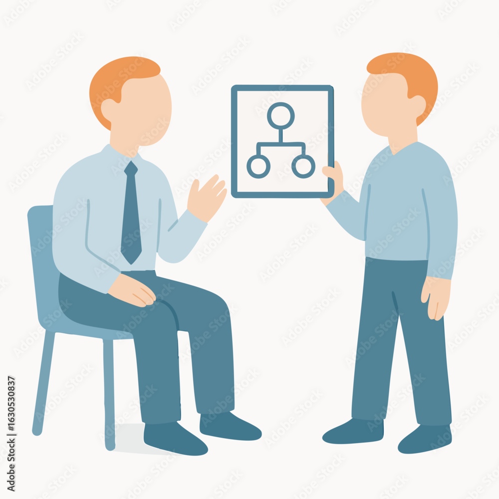 Fototapeta premium Flat Illustration of Two Men Discussing Organization Chart Business Strategy