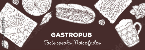 Gastropub menu. Pub food and beer. Hand drawn vector illustration. Food and drink sketch. Top view. Hand drawn food collection for gastropub or pub menu design. Beer,