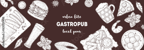 Gastropub menu. Pub food and beer. Hand drawn vector illustration. Food and drink sketch. Top view. Hand drawn food collection for gastropub or pub menu design. Beer,