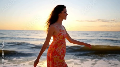 Without a worry in the world, beautiful young lady in a summer dress walks carefree on the beach through the lapping shore waves at sunset.