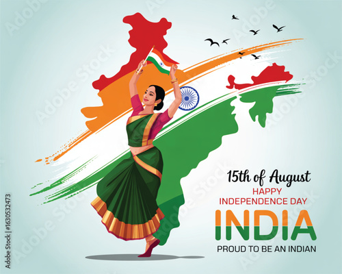 Classical Indian dancer with flag in front of tricolor map, celebrating Independence Day on 15th August with pride and national spirit