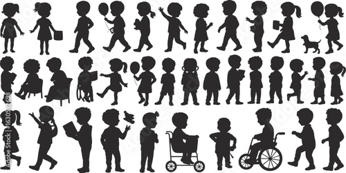 Silhouettes of kids playing, walking, reading, talking, running, holding balloons, in motion, diverse children, black figures, isolated, vector set.