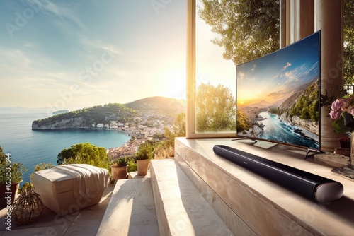 Outdoor patio with TV and sound bar, scenic view