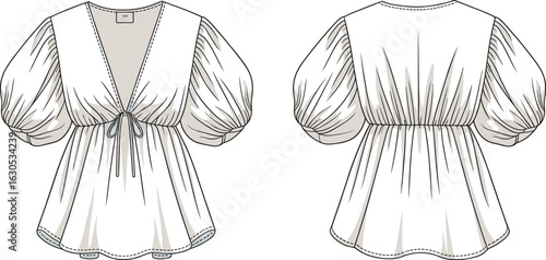 MobileElegant women’s puff sleeve blouse fashion flat, front and back technical sketch, V-neck top design for apparel industry