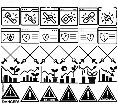 Symbols and warnings related to cybersecurity threats, financial losses and dangers