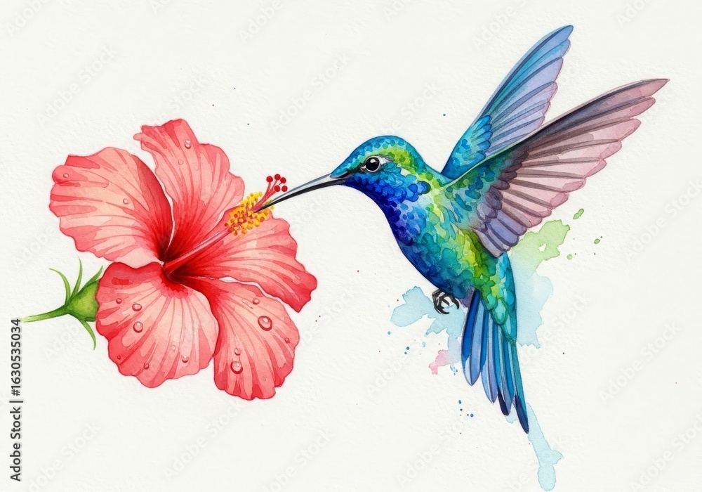 Obraz premium Hummingbird and Hibiscus Flower - Vibrant watercolor painting of a hummingbird feeding from a pink hibiscus flower with water droplets