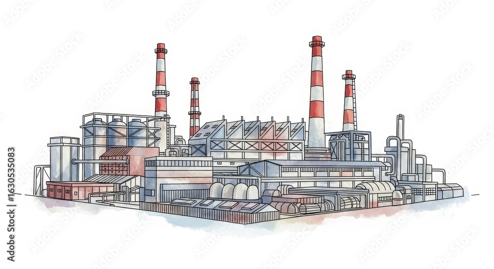 Obraz premium Industrial Complex Illustration - A detailed illustration of a large industrial factory complex, symbolizing manufacturing, production, industry, technology, and progress