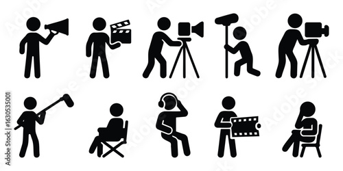 Collection of stickman characters involved in movie and video production tasks including filming, directing, and using boom mic and clapperboard equipment