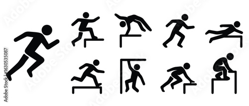 Stickman silhouette collection showing parkour and free running stunts including vaults, jumps, flips, and agile urban movement actions
