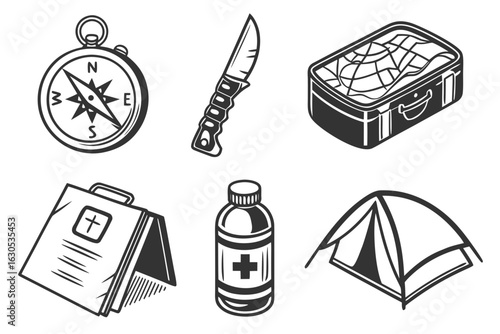 Camping and Survival Gear Icons.