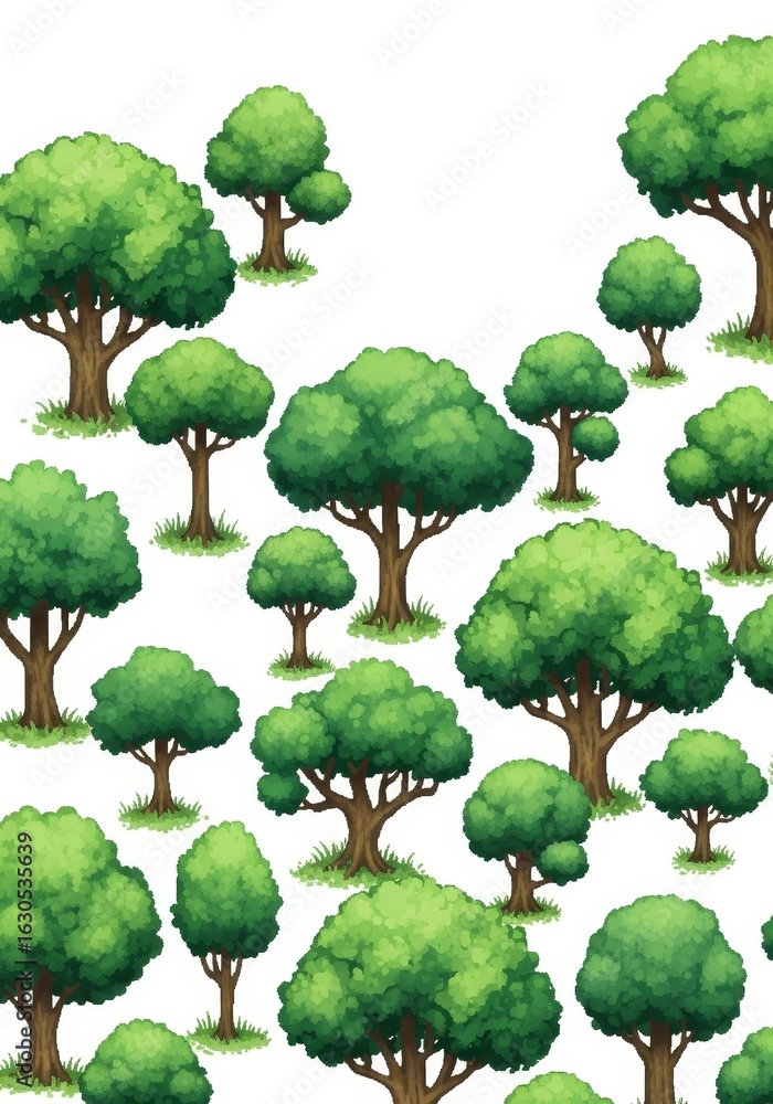 Fototapeta premium Lush Green Tree Collection - Collection of cartoon trees, various sizes, perfect for game assets, illustrations, or backgrounds. White background