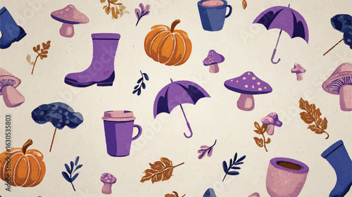 Autumnal Harvest Festival Background with Pumpkins Mushrooms Umbrellas Rain Boots and Falling Leaves Illustration for Wallpaper or Gift Wrapping