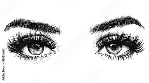 Beautiful woman eyes with long eyelashes and detailed eyebrows in artistic sketch style beauty and fashion concept