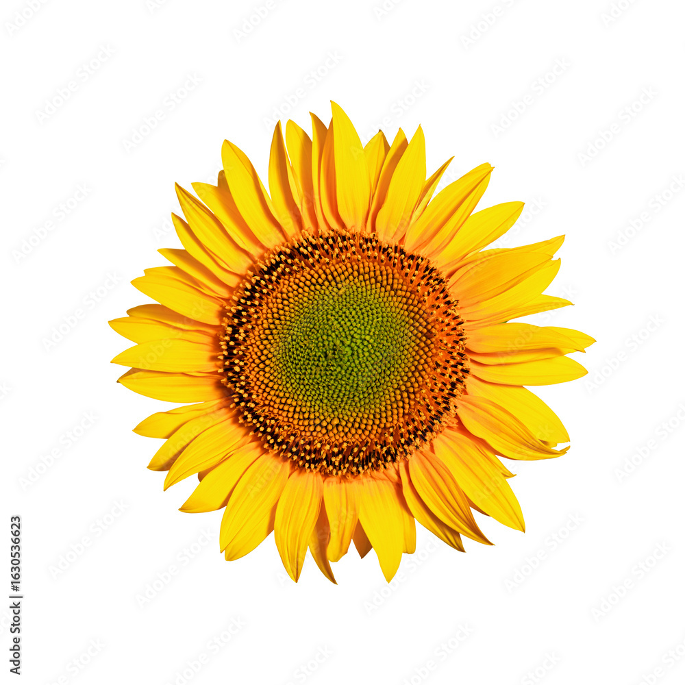 Fototapeta premium Close-up of a blooming sunflower with bright yellow petals isolated on white. Symbolizes summer, sun, energy, growth and happiness. Ideal for designs related to nature, health, organic products.