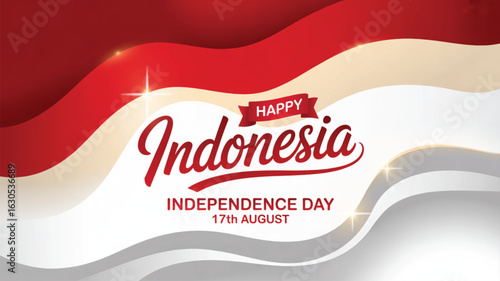 Stylized red and white wave design with elegant text celebrating Indonesia’s Independence Day on 17th August with national pride