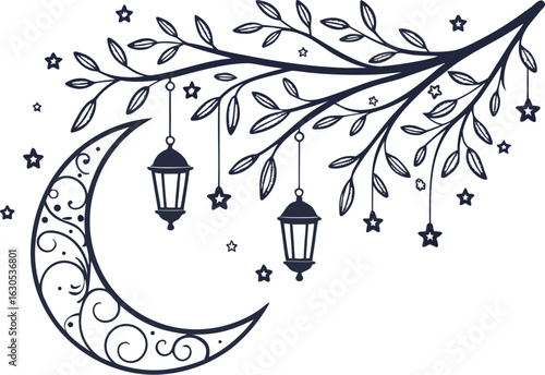 Crescent moon with hanging lanterns and stars on a branch vector