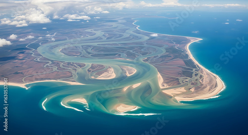 An awe-inspiring aerial perspective of a winding river delta creating intricate patterns as it merges with the turquoise ocean.