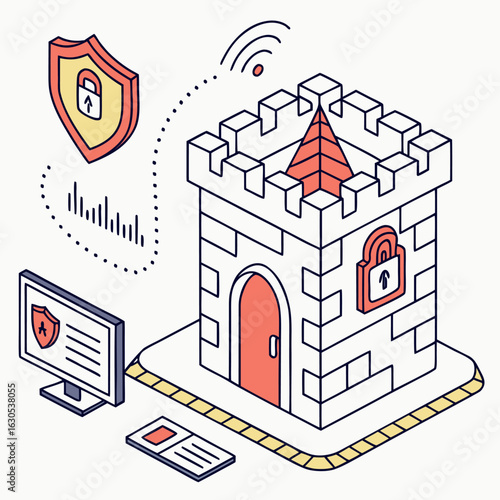 Cyber Fortress Illustration – Isometric Digital Security and Data Protection Concept