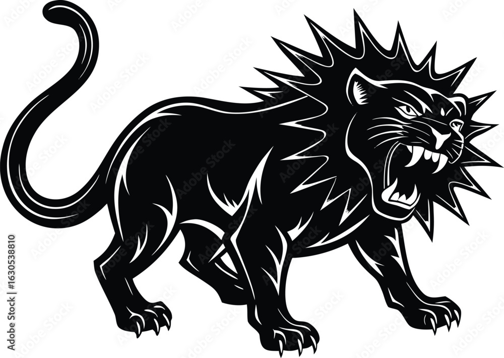 Obraz premium Fierce black lion roaring with sharp claws and spiky mane wild