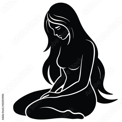 Black silhouette woman sitting with long hair black and white