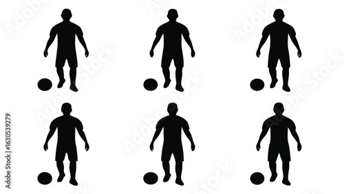 Black soccer players with balls football silhouettes