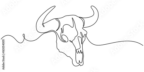 Continuous one line drawing of goats skull mystical concept icon in silhouette on a white background. Linear stylized, Bull Head Black and White Square Icon, Bull Head Black and White Square Icon