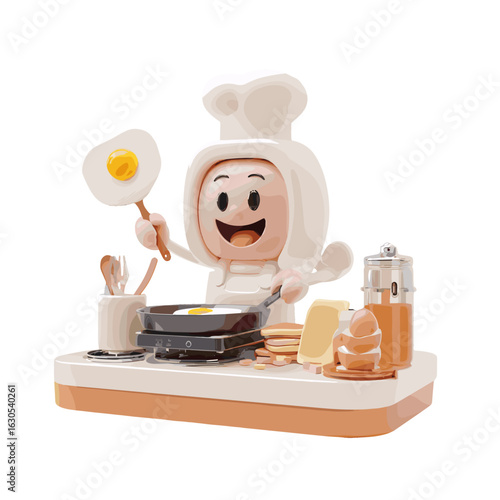 A chef joyfully preparing a delicious breakfast in the kitchen.