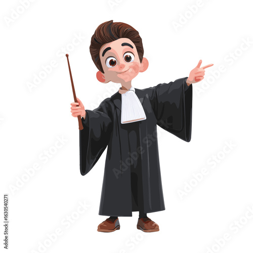 A friendly illustration of a young judge wearing a judge robe holding a wooden stick and pointing.