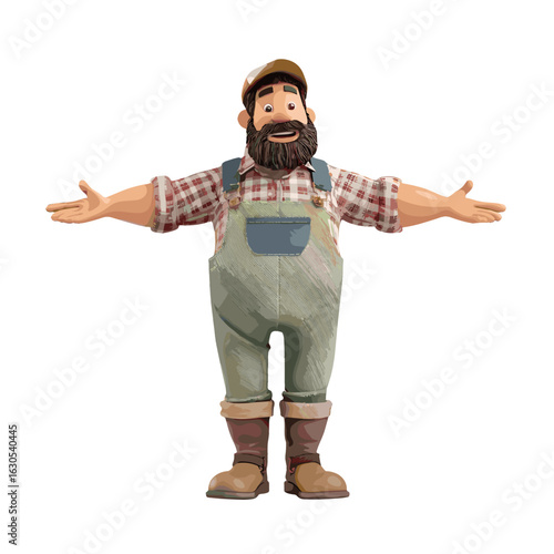 Smiling farmer character with arms wide open, welcoming and friendly.