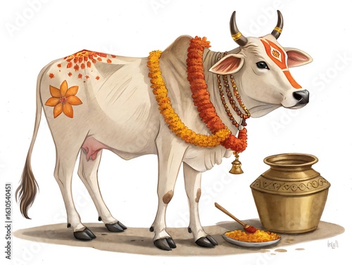 Sacred white cow decorated with flowers and garland isolated on white background