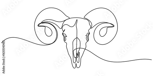 Continuous one line drawing of goats skull mystical concept icon in silhouette on a white background. Linear stylized, Bull Head Black and White Square Icon, Bull Head Black and White Square Icon