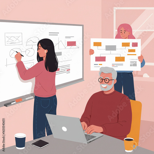 Vector illustration of collaborative team working on project with charts and whiteboard  