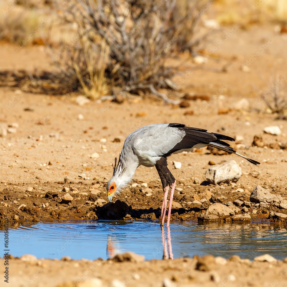 Obraz premium Bird drinking from a puddle in desert
