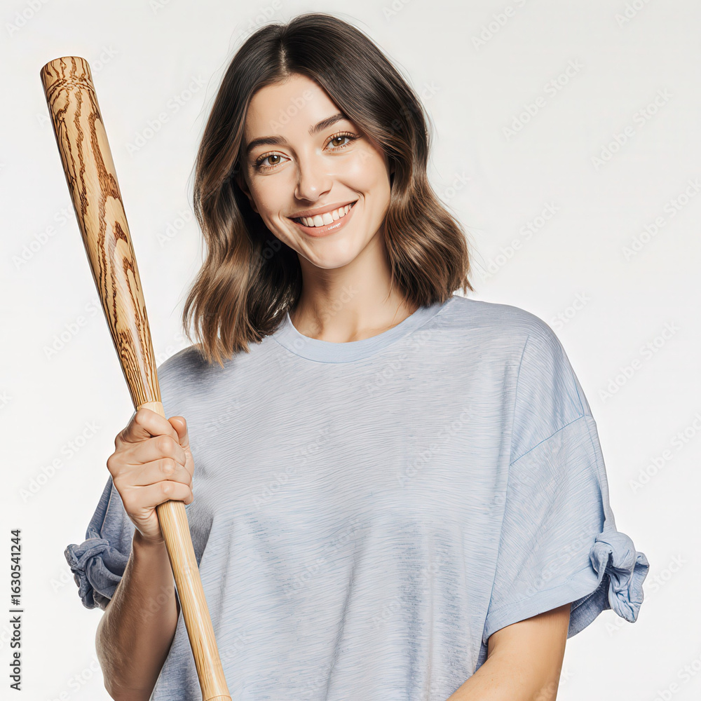 Cheerful Athlete with Baseball Bat: A radiant woman holds a baseball bat, exuding confidence and joy. Her friendly smile and dynamic pose capture the spirit of sport. Cheerful Athlete with Baseball Bat: A radiant woman holds a baseball bat, exuding confidence and joy. Her friendly smile and dynamic pose capture the spirit of sport.