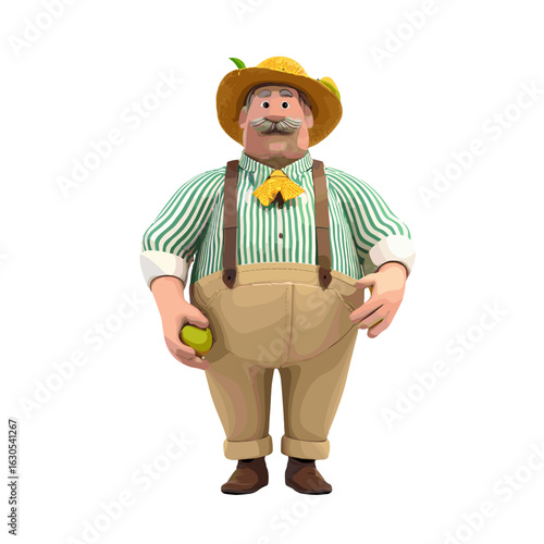 A farmer with a charming smile, wearing a straw hat, stands with an apple.