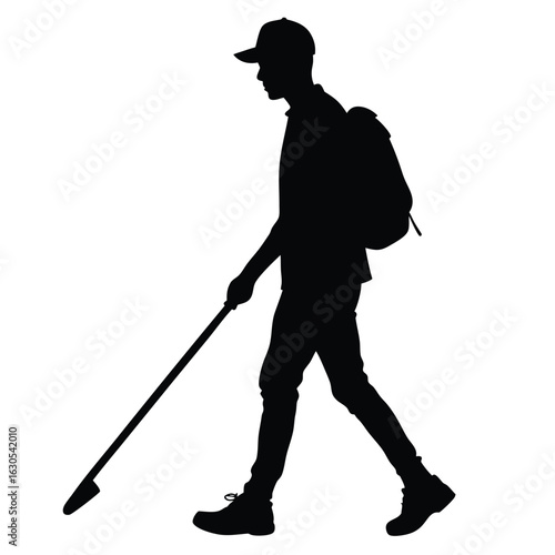 Person walking with backpack and cane silhouette