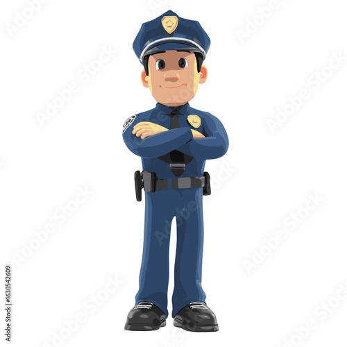 A cartoon style police officer standing with arms crossed.