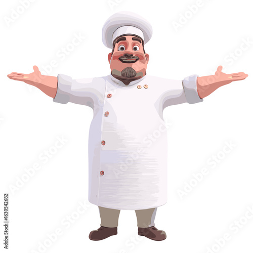 A smiling chef with open arms welcoming everyone.