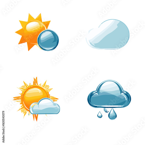 Set of Weather Icons: Sunny, Cloudy, Rainy, weather symbol illustration.